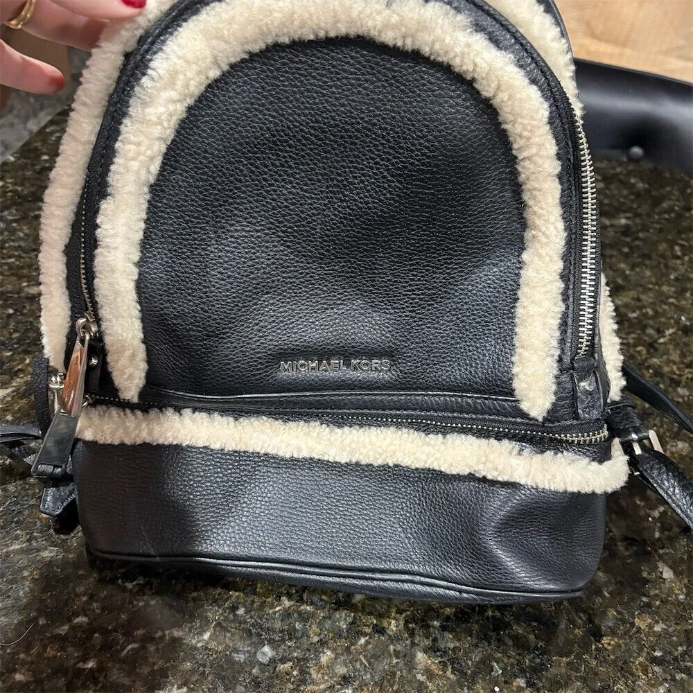 Michael Kors Rhea Zip Backpack Womens Medium Black Pebbled Leather Zip